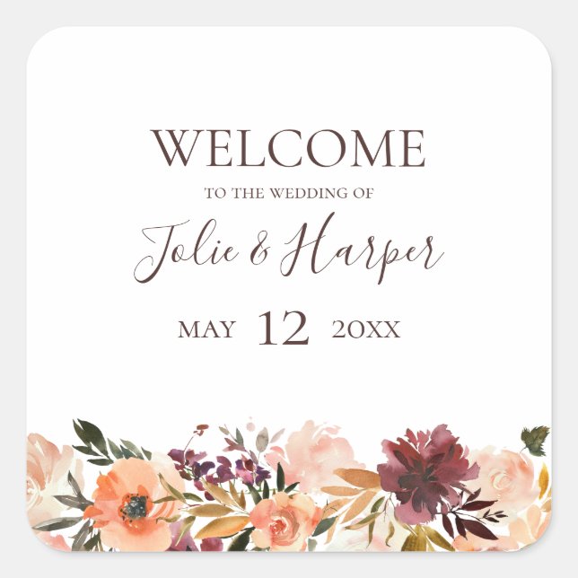 Burgundy Orange Floral Wedding Welcome Square Sticker (Front)