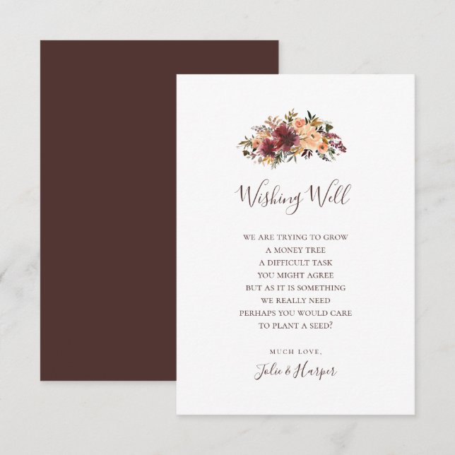 Burgundy Orange Floral Wedding Wishing Well Card (Front/Back)