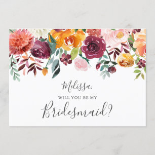 Burgundy Orange Floral Will You Be My Bridesmaid Invitation