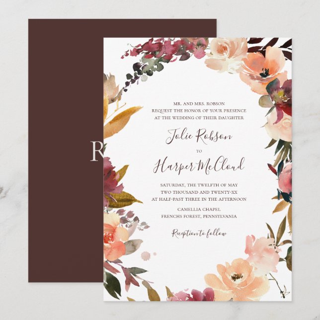 Burgundy Orange Floral Wreath Traditional Wedding Invitation (Front/Back)