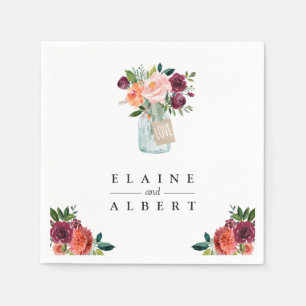 Burgundy Orange Flowers Mason Jar Wedding Paper Napkin