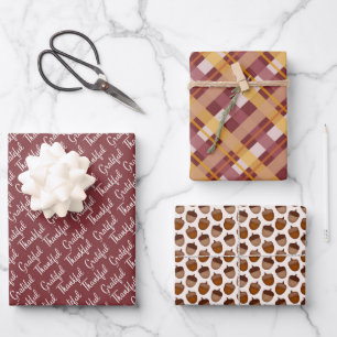 BURGUNDY ORANGE & GOLD PLAID GRATEFUL THANKFUL WRAPPING PAPER SHEET