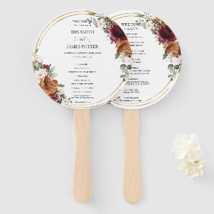 Burgundy Orange Ivory Floral Gold Wedding Program Hand Fan