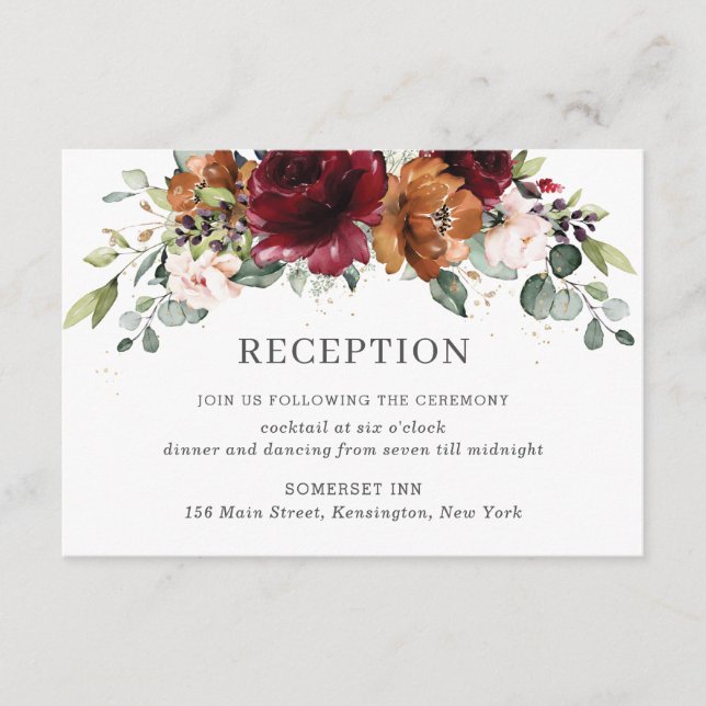 Burgundy Orange Ivory Floral Wedding Reception Enclosure Card (Front)
