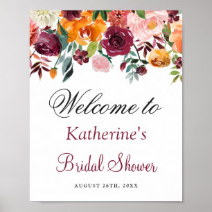 Burgundy Orange Pink Floral Bridal Shower Sign