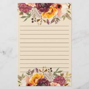 Burgundy Orange Pink Floral Lined Stationery