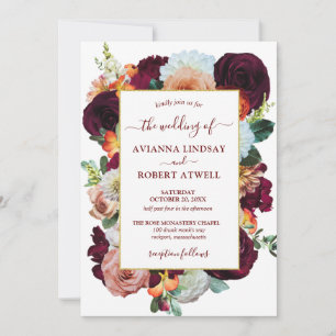 Burgundy Orange Pink Floral Love Wedding Invitation