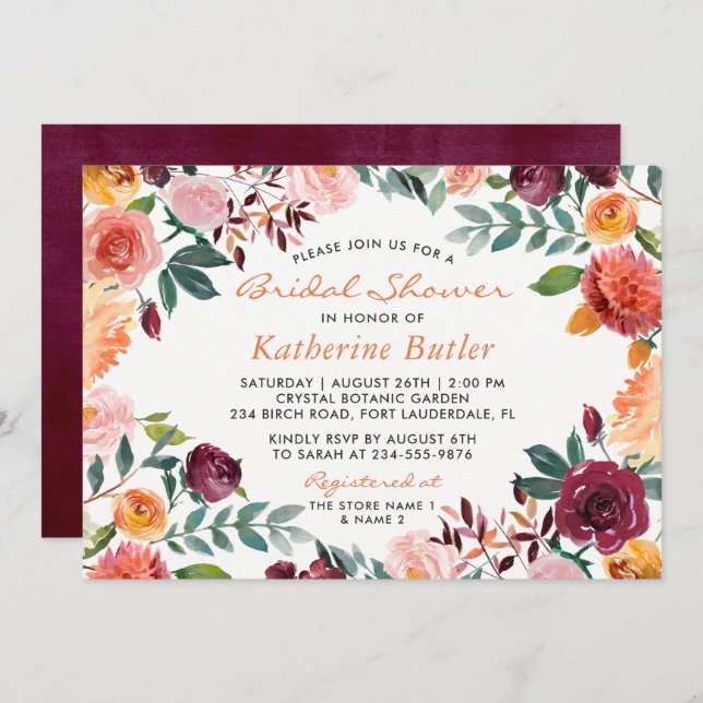 Burgundy Orange Pink Flowers Fall Bridal Shower Invitation (Front/Back)