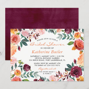 Burgundy Orange Pink Flowers Fall Bridal Shower Invitation