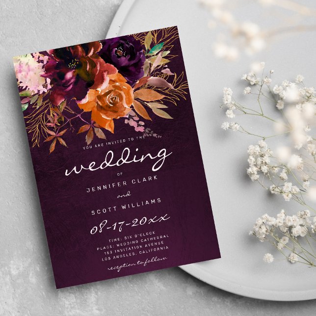 Burgundy orange pink gold floral fall wedding invitation (Burgundy orange pink gold floral fall wedding invitation)