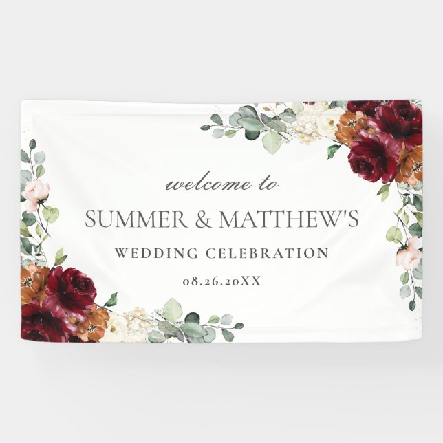 Burgundy Orange Pink Ivory Floral Wedding Backdrop Banner (Horizontal)