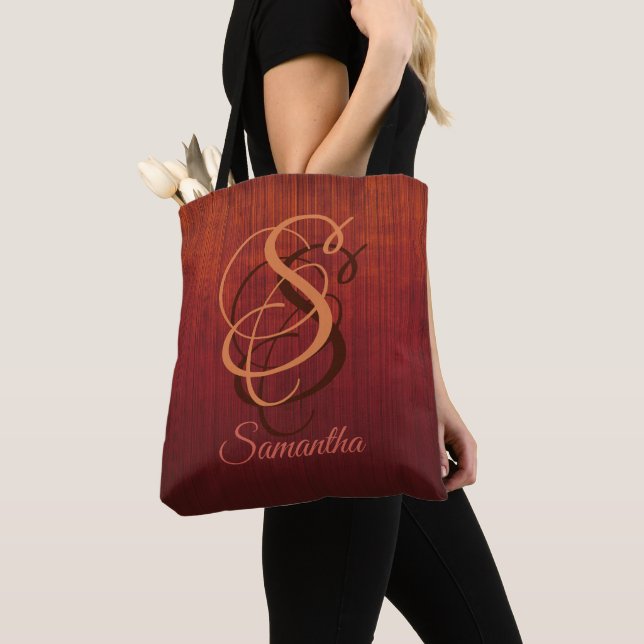 Burgundy Orange Red rustic monogram ombre striped Tote Bag (Close Up)