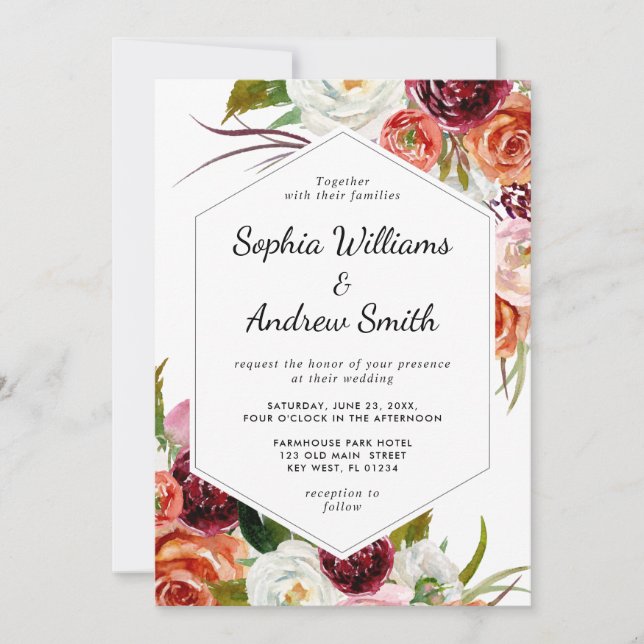 Burgundy & Orange Rose Floral Wedding Invitation (Front)