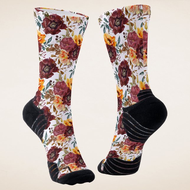 Burgundy Orange Rustic Autumn Floral Wedding Socks (Creator Uploaded)