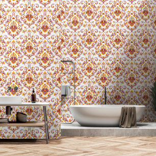 Burgundy Orange White Damask Floral peel and stick Wallpaper