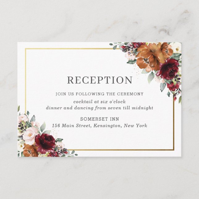 Burgundy Orange White Floral Wedding Reception Enclosure Card (Front)