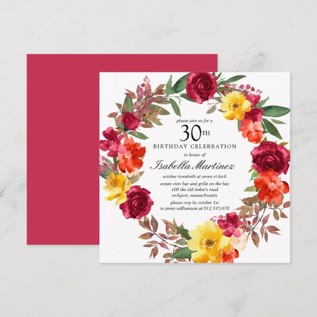 Burgundy Orange Yellow Floral Wreath 30th Birthday Invitation (Front/Back)