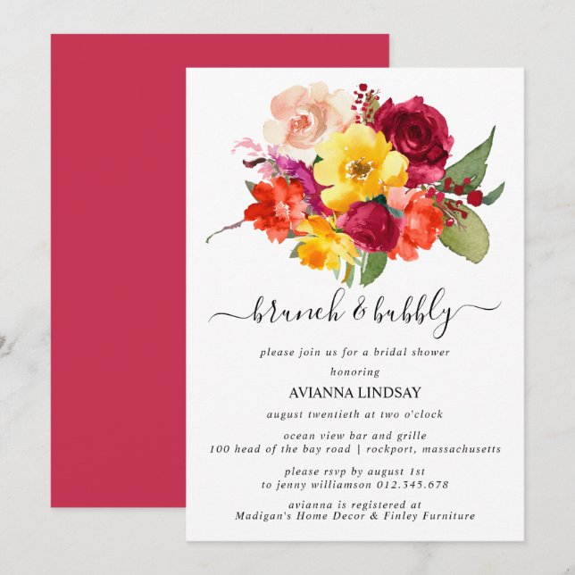 Burgundy Orange Yellow Pink Bridal Brunch Bubbly Invitation (Front/Back)