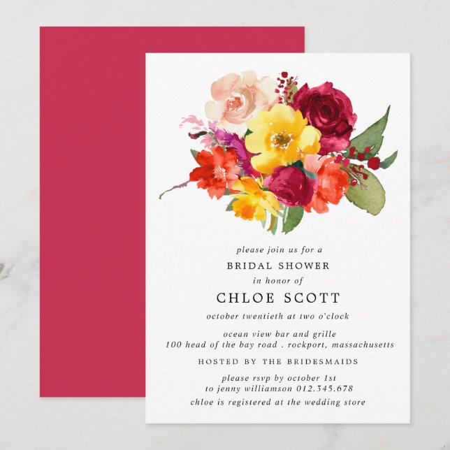 Burgundy Orange Yellow Pink Floral Bridal Shower I Invitation (Front/Back)