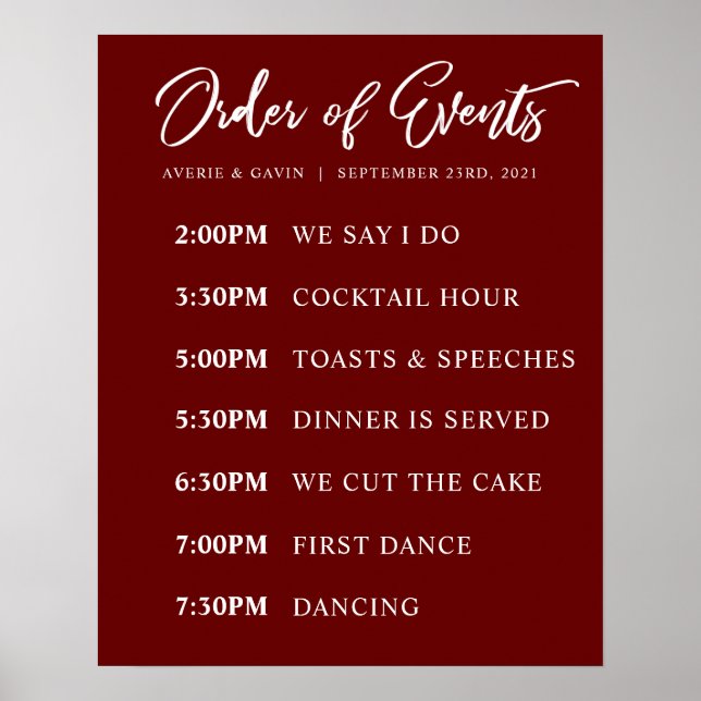 Burgundy Order of Events Wedding Day Schedule Poster (Front)
