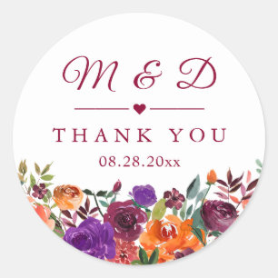 Burgundy Organ Floral Monogram Wedding Favour Classic Round Sticker