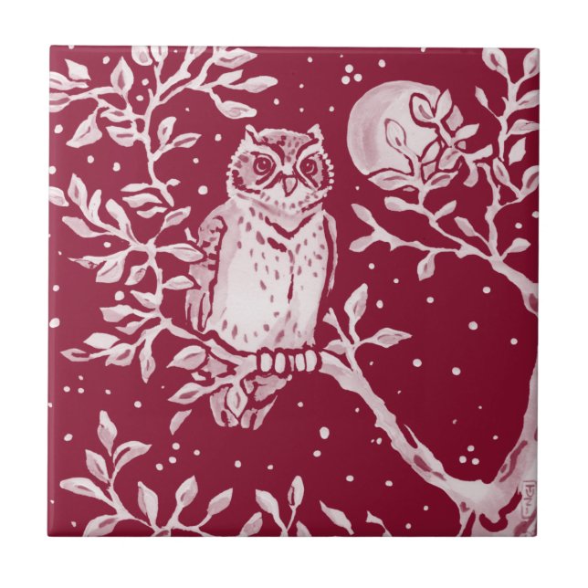 Burgundy Owl Moon Night Woodland Forest Animal  Tile (Front)
