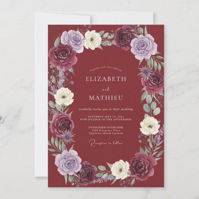 Burgundy Painterly Floral Arch Wedding Invitation (Front)