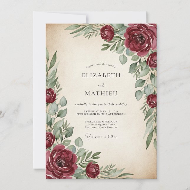 Burgundy Painterly Vintage Wedding Invitation (Front)
