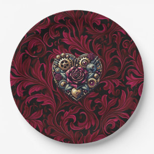 Burgundy Paisley Steampunk Heart Wedding Paper Plate