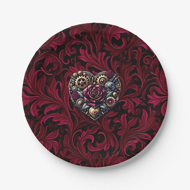 Burgundy Paisley Steampunk Heart Wedding Paper Plate (Front)