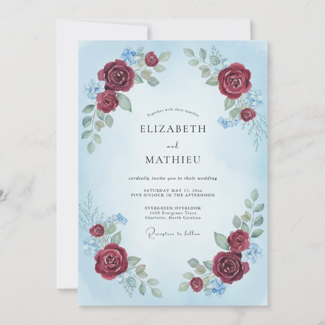 Burgundy Pale Blue Refined Wedding Invitation (Front)