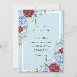 Burgundy Pale Blue Rose Classic Wedding Invitation