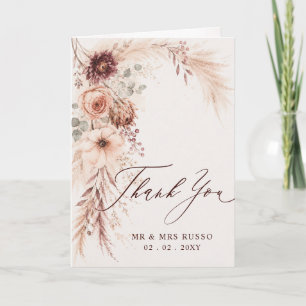 Burgundy Pampas Floral Fall Wedding Photo Thank You Card