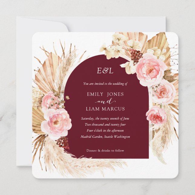 Burgundy Pampas Grass Boho Floral Square wedding I Invitation (Front)