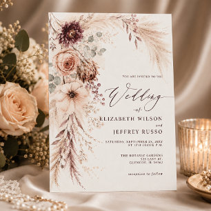 Burgundy Pampas Grass Terracotta Fall Wedding Invitation