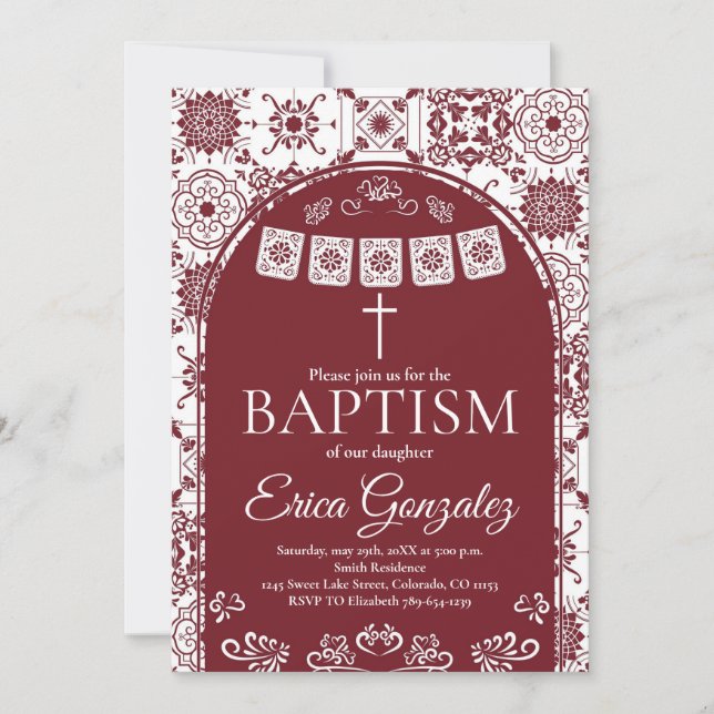 Burgundy Papel Picado Baptism Invitation (Front)