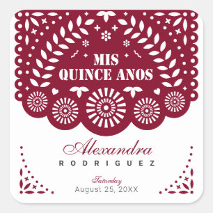 Burgundy Papel Picado Mis Quince Años Square Sticker