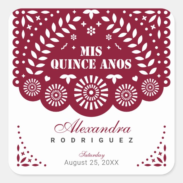 Burgundy Papel Picado Mis Quince Años Square Sticker (Front)