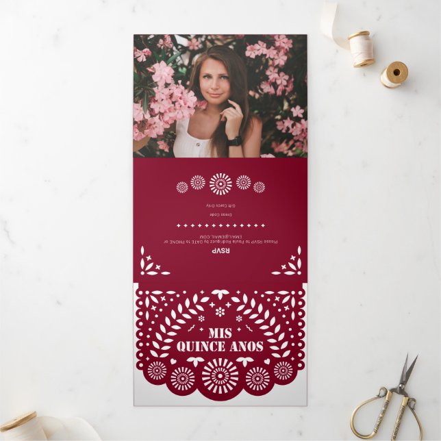 Burgundy Papel Picado Mis Quince Años Tri-Fold Invitation (Outside)