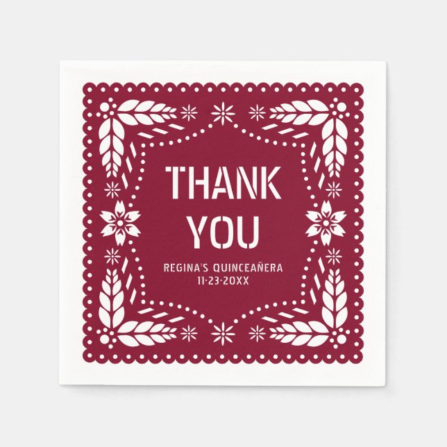 Burgundy papel picado Thank You QUINCEAÑERA Napkin (Front)