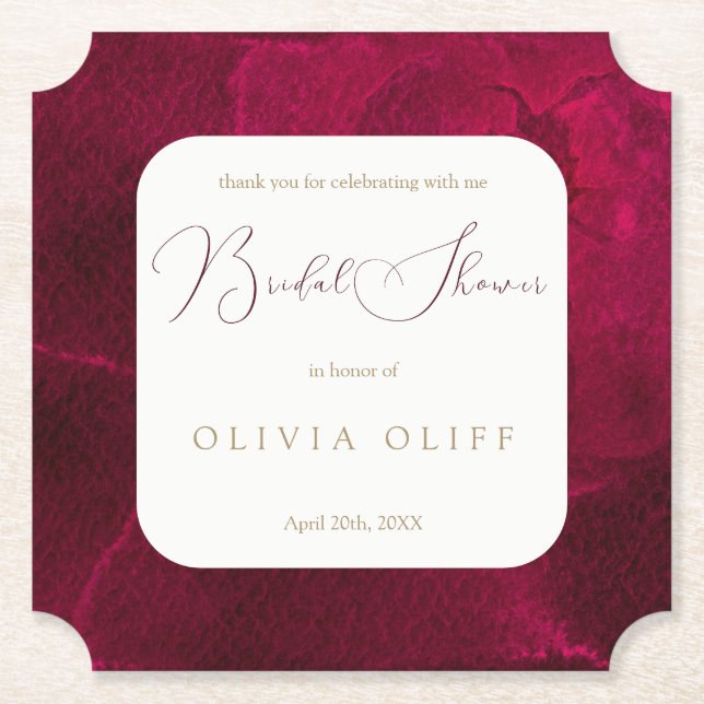 Burgundy Passion Bridal Shower Paper Coaster (Front)