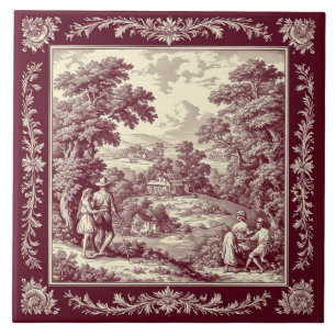 Burgundy Pastoral French Toile Vineyard Country  Tile