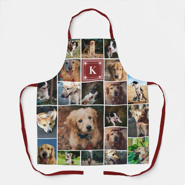 Burgundy Paw Print Monogram Photo Collage Apron (Front)