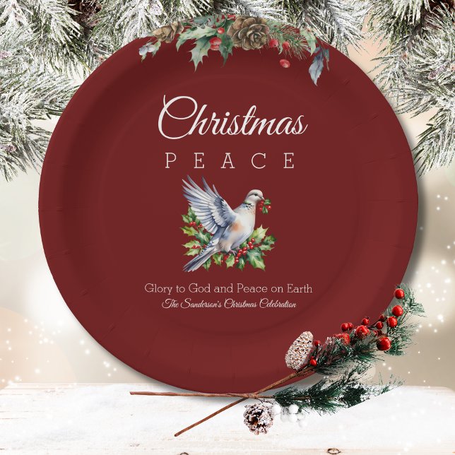 Burgundy Peace Dove Holly Christian Christmas Paper Plate (Creator Uploaded)