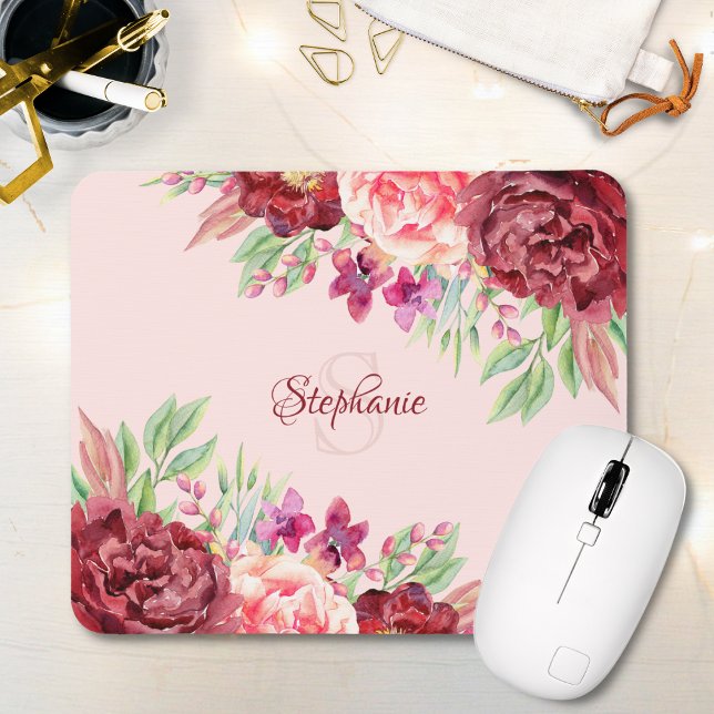 Burgundy Peach Blush Floral Monogram Mouse Mat (Creator Uploaded)
