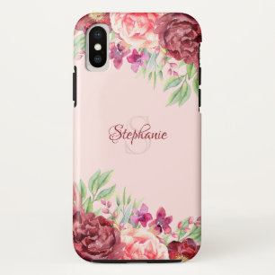 Burgundy Peach Blush Floral Rose Monogram iPhone X Case