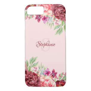 Burgundy Peach Blush Floral Rose Monogram iPhone 8/7 Case
