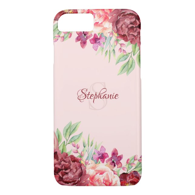 Burgundy Peach Blush Floral Rose Monogram Case-Mate iPhone Case (Back)