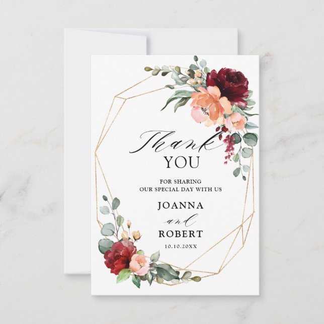 Burgundy Peach Coral Orange Eucalyptus Wedding Thank You Card (Front)