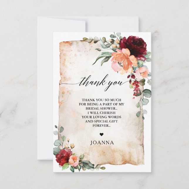 Burgundy Peach Coral Pink Roses Bridal Shower Thank You Card (Front)